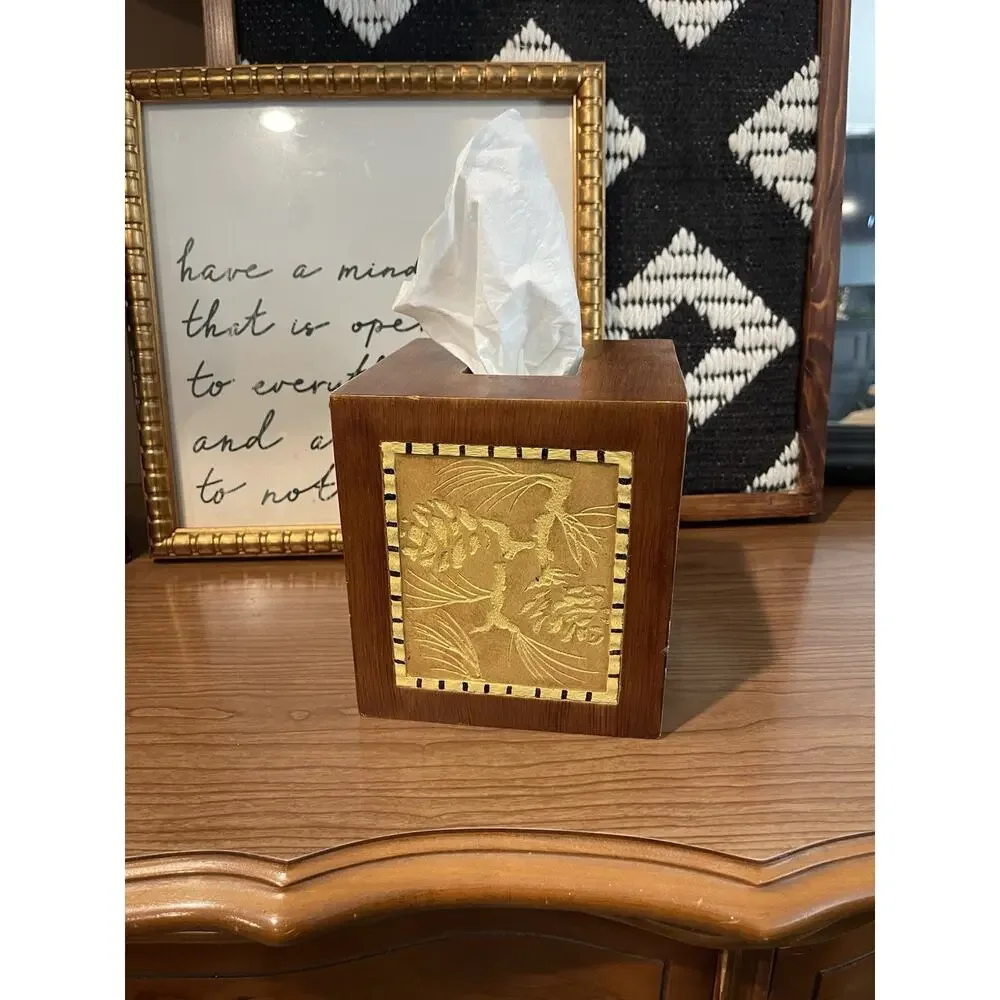 Vintage Wood Carved Tissue Box | Adirondack Pine Rustic Tissue Cover Midcentury